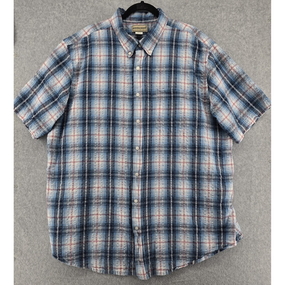 2 Vtg Scandia Woods Men's Plaid Button Down SS Shirts Sz 3XL Red Blue Seersucker - Picture 4 of 10
